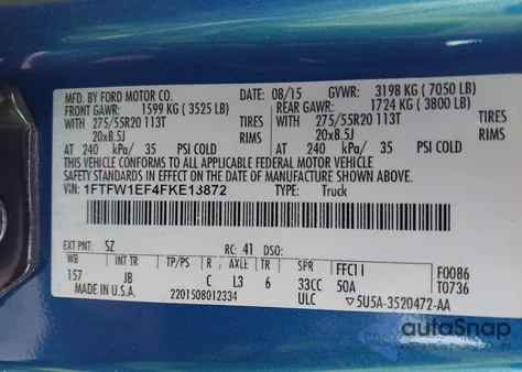 2015 Ford F-150 Xlt from USA, damaged, VIN 1FTFW1EF4FKE13872